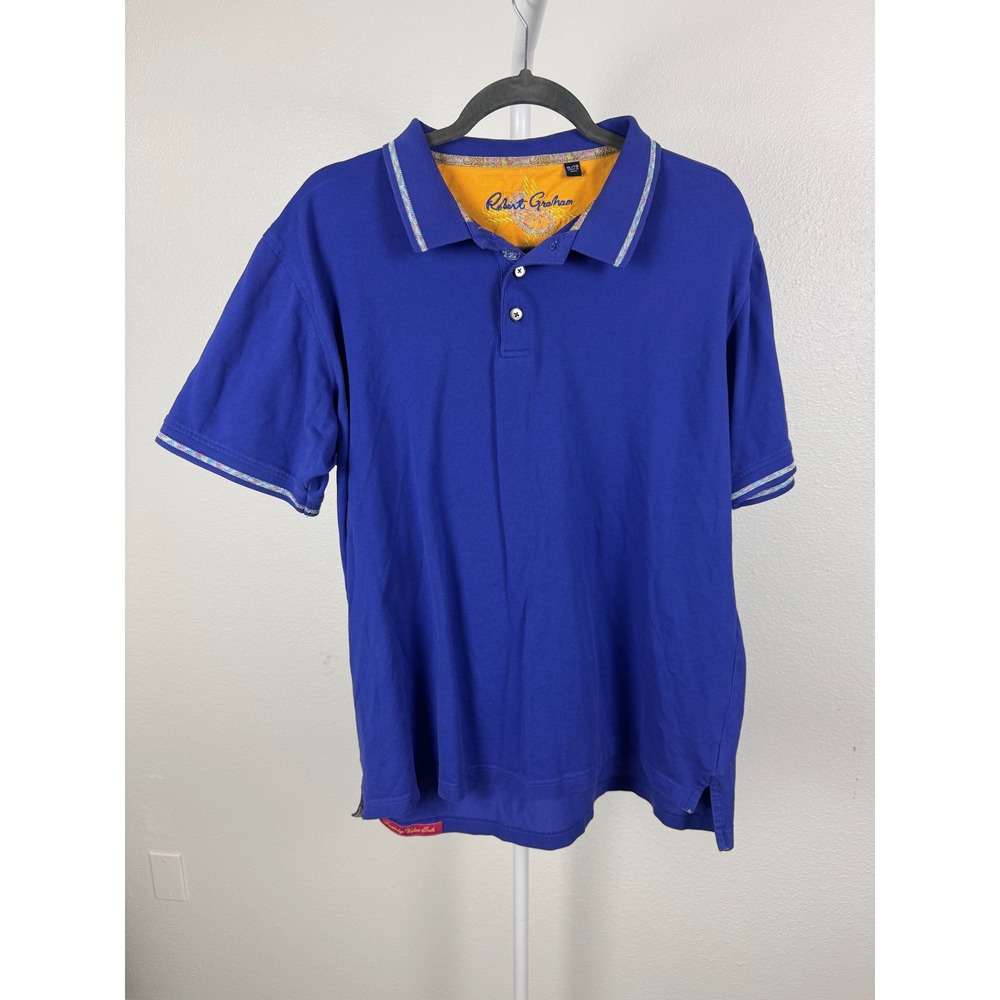 Robert Graham Mens XL Blue Purple Cotton Short Sleeve Paisley Trim Polo Shirt